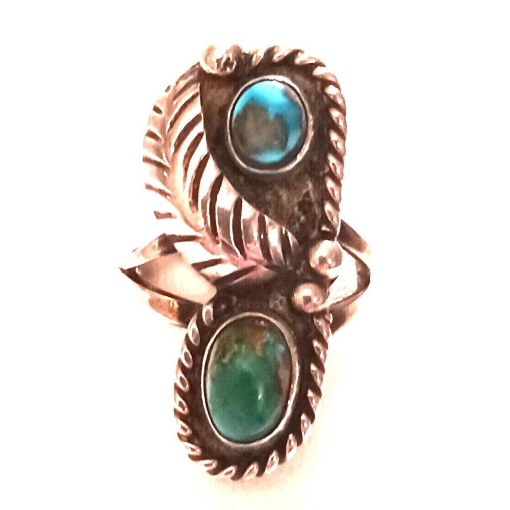 Navajo Turquoise Sterling Ring Vintage Two stone sz 4.75 (1219)